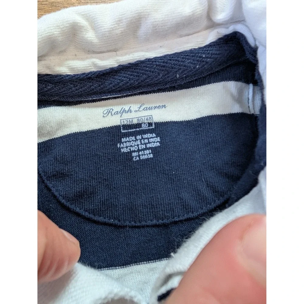 Ralph Lauren Baby Boy Navy White Striped Rugby Romper Coverall 12M Pony Logo